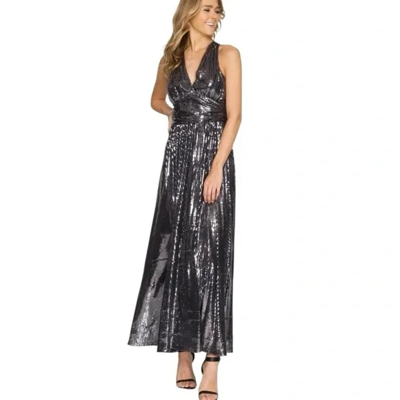 She + Sky Night Silver Sequin Low Cut V-neck Maxi Dress  Homecoming NYE Cruise S - Picture 7 of 13